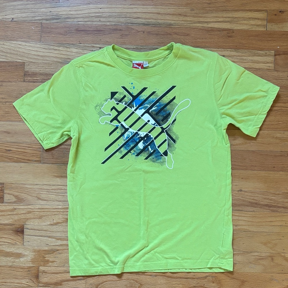 Puma Lime Green Graphic Tee with Blue & Black Accents